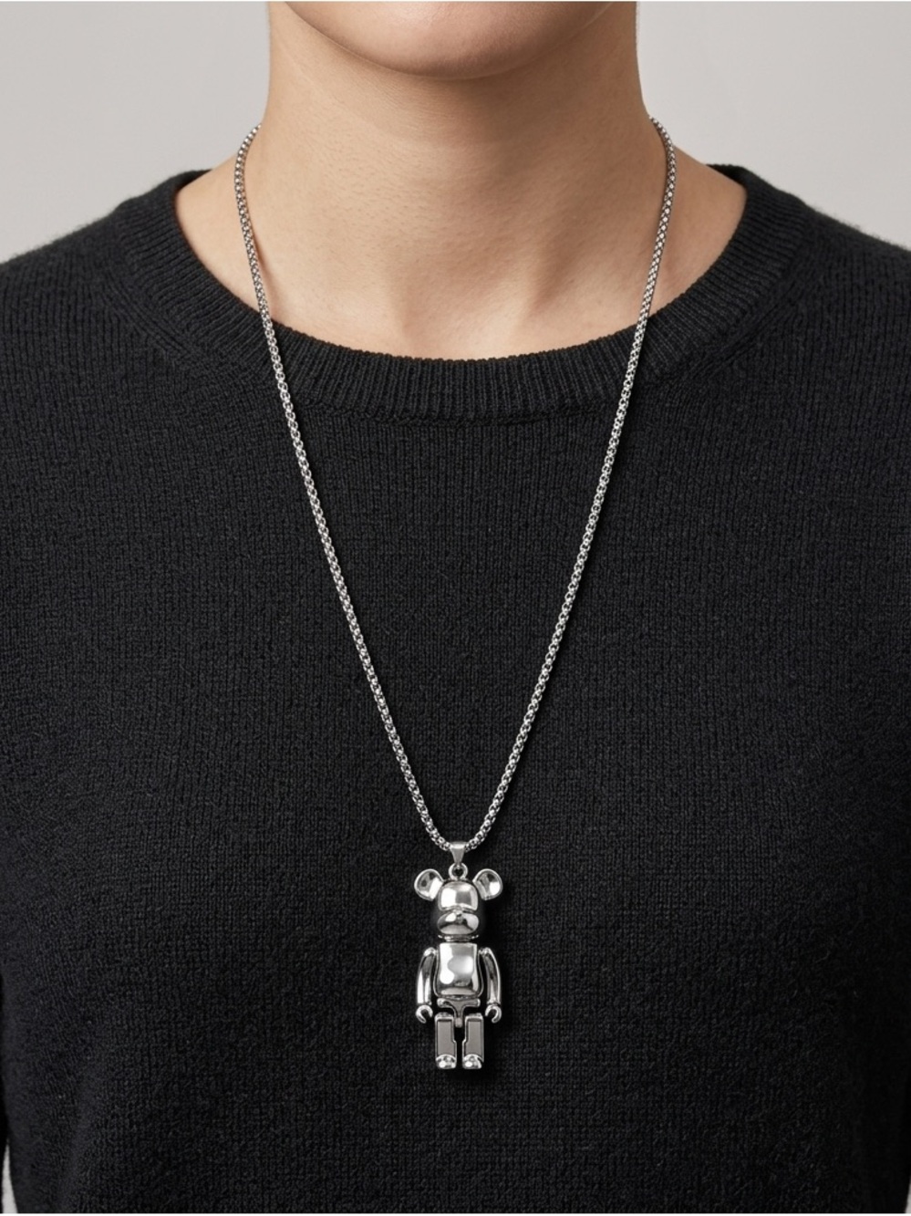 Silver Bear Pendant Necklace | Hip Hop Bearbrick Style Chain
